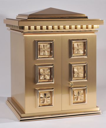 Bronze Tabernacle with Crosses Bas Relief Sculpted Decoration Interior Lined