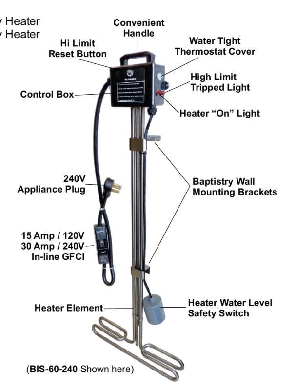 Baptistry Immersion Heater  240V with GFCI protected 5ft Cord and Low Water Float Protection