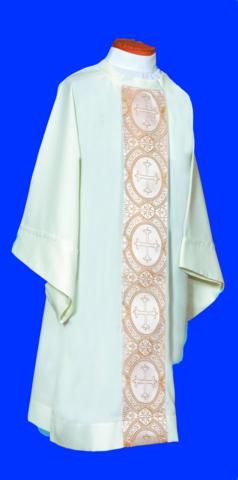 #2042 Dalmatic Tailored a white linen-weave polyester gold