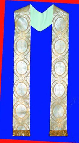 #2044 Overlay Stole Tailored a white linen-weave polyester gold