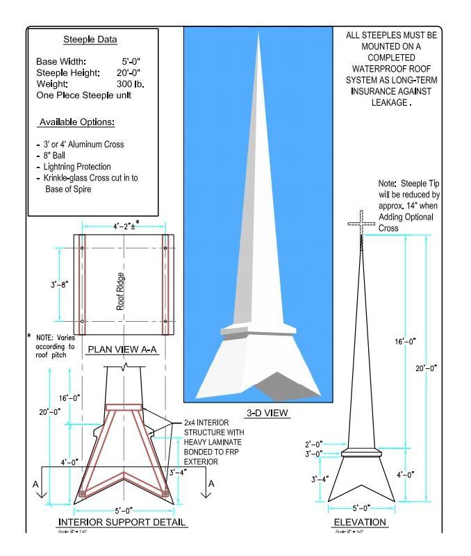 Fiberglass Church Steeple Height 20 Foot Tall with 5 ft Base