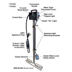 Baptistry Immersion Heater  240V with GFCI protected 5ft Cord and Low Water Float Protection